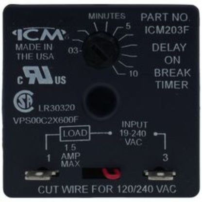 ICM203F Delay on Break Timer, 6" Wire Leads (.03-10 Minute Knob Adjust. Delay)