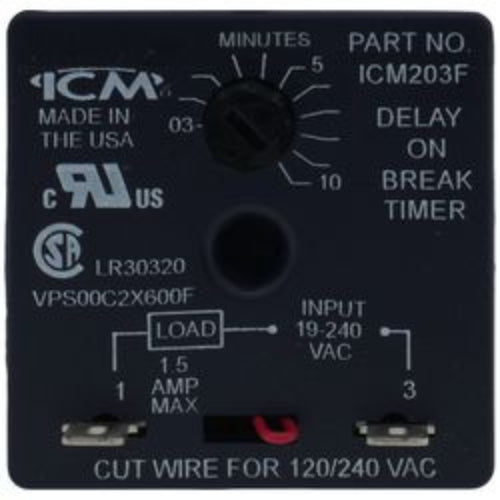 ICM203F Delay on Break Timer, 6" Wire Leads (.03-10 Minute Knob Adjust. Delay)