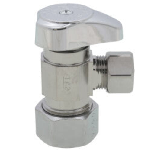 1/2" Nom Compr. (5/8" OD) x 3/8" O.D. Compr. Angle Stop Valve, 1/4-Turn Operation w/o Freeze-Ups, Lead Free (Chrome Plated)