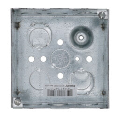 4" x 2-1/8" Deep Square Box w/ 1/2" & 3/4" Eccentric Knockouts, Welded Construction w/ Grounding Bump (1 Box)
