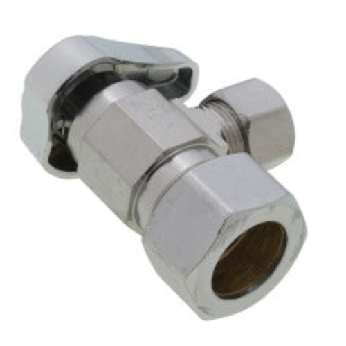 1/2" Nom Compr. (5/8" OD) x 3/8" O.D. Compr. Angle Stop Valve, 1/4-Turn Operation w/o Freeze-Ups, Lead Free (Chrome Plated)